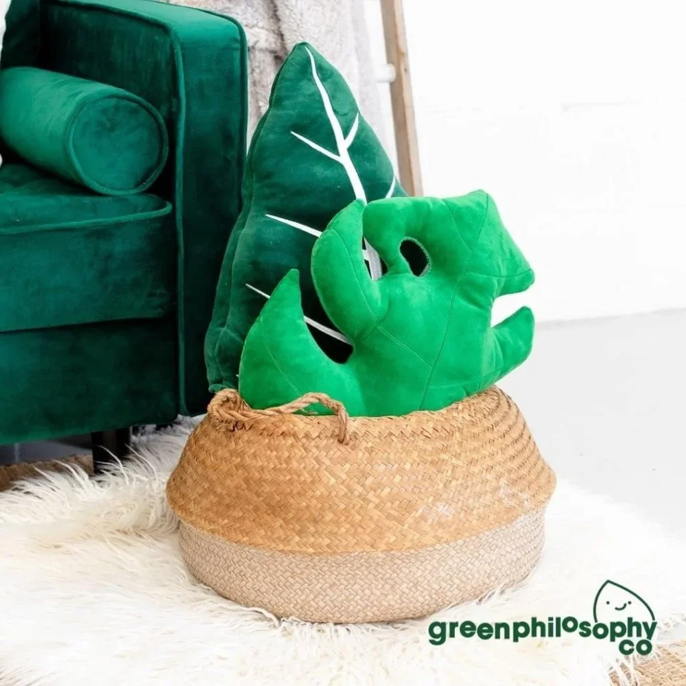 Green 3D Accent Monstera Deliciosa Succulent Philosophy Plush Leaf Throw Pillow